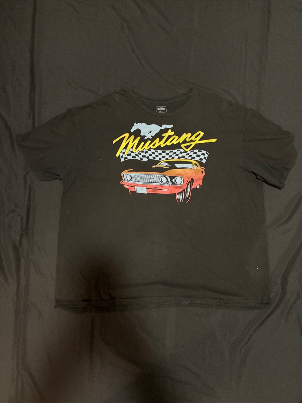 Ford Black T-Shirt with Yellow Mustang Script and Red Car Graphic